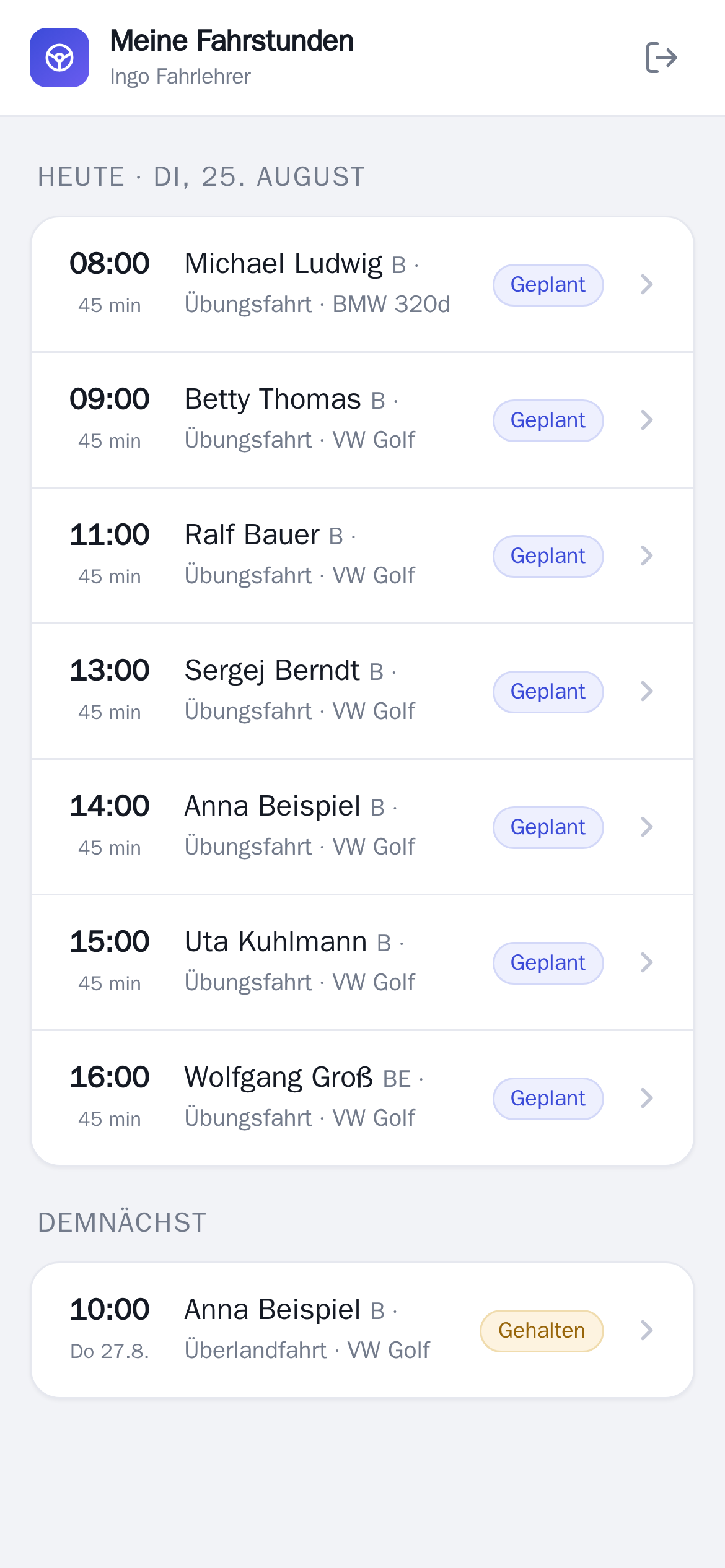 Fahrlehrer-App: heutige Fahrstunden mit Status, zum Abzeichnen antippen